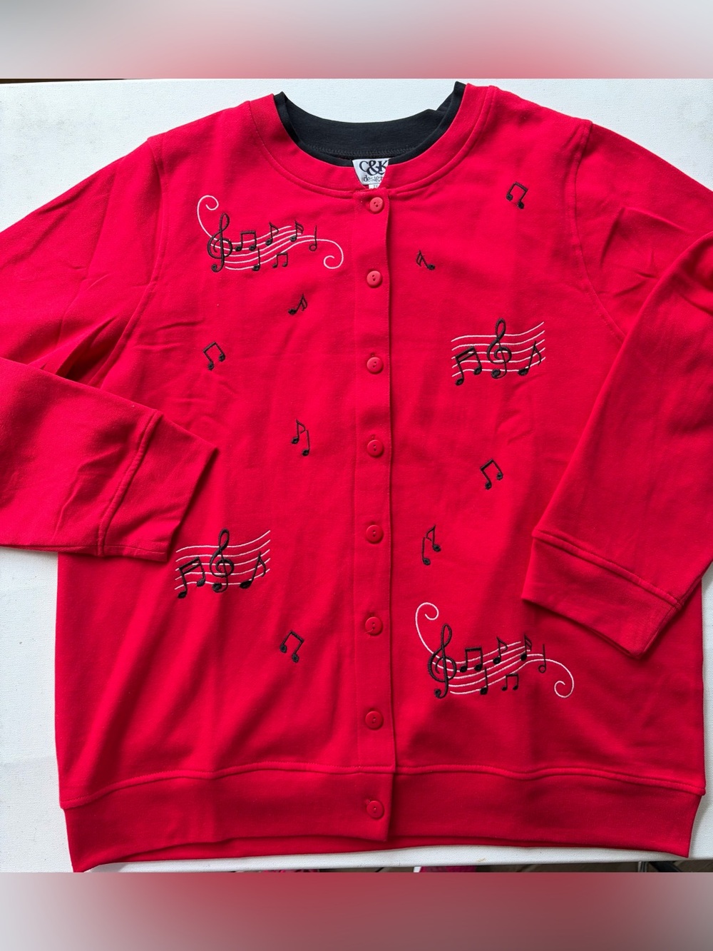 Vintage 90s C&K Design Music Notes Cardigan Womens 2X Red Embroidered Grandma